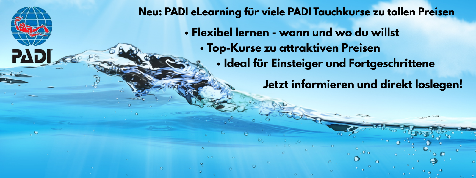 Das Bild informiert über die Vorteile von PADI eLearning, welche in diesem Shop gekauft werden kann. Es weißt darauf hin, dass man Flexibel lernen kann, wann und wo man möchte, sowie auf die attraktiven Preise im Shop. Ein weiterer Hinweis führt an, dass